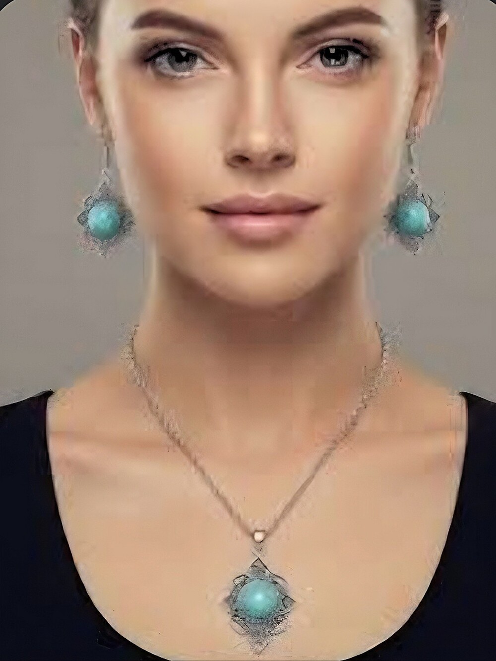 Silver Filigree Faux Turquoise Necklace & Earrings Southwestern Fashion Jewelry